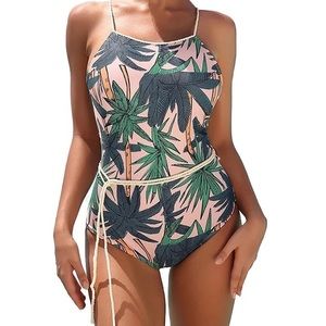 Knitted Neckline Belt Lanyard One Piece Swimsuit